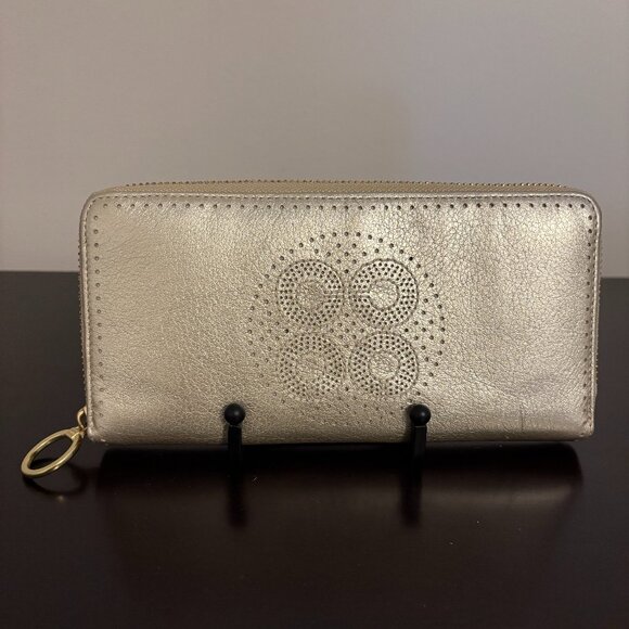 Coach Audrey Perforated C Gold Metallic Zip Around Accordion Wallet - Picture 1 of 8